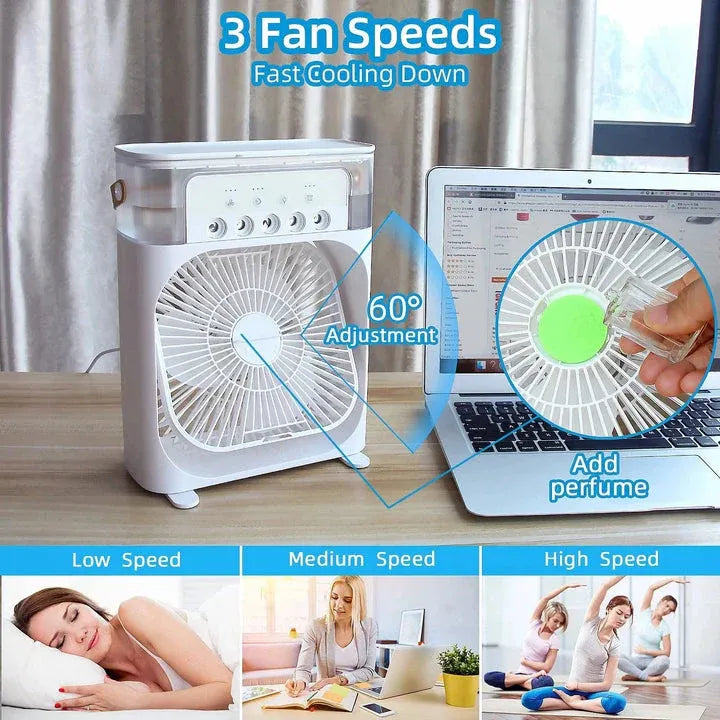 Portable Air Cooler Fan with Mist Humidifier & 7 Color LED Light | USB Rechargeable Mini Air Conditioner