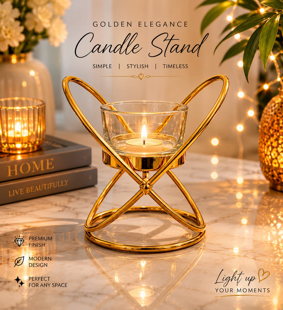 Elegant Gold Metal Candle Holder with Glass Cup | Luxury Table Décor Candle Stand for Home & Events